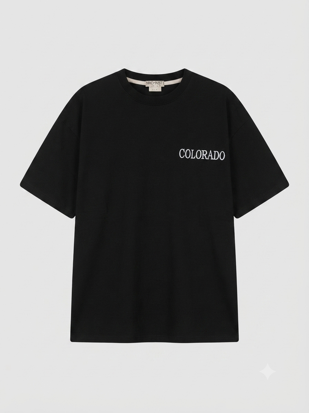 تیشرت دو نخ طرحدار پشت و جلو گلدوزی مشکی COLORADO قواره باکسی