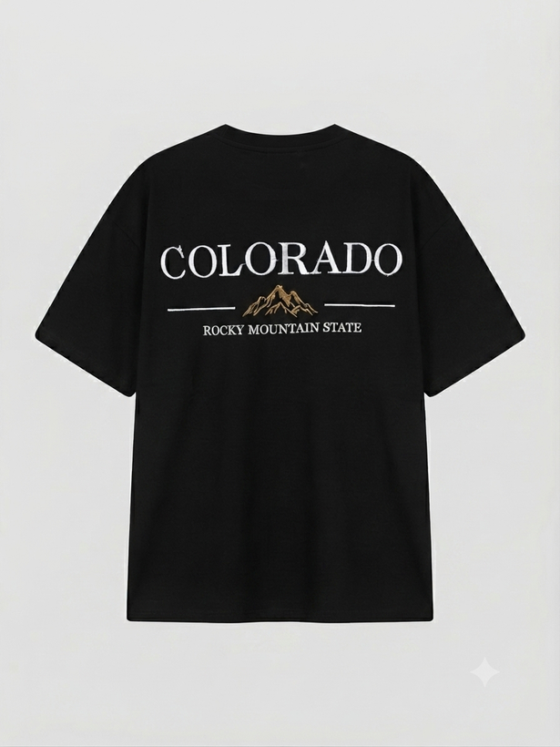 تیشرت دو نخ طرحدار پشت و جلو گلدوزی مشکی COLORADO قواره باکسی