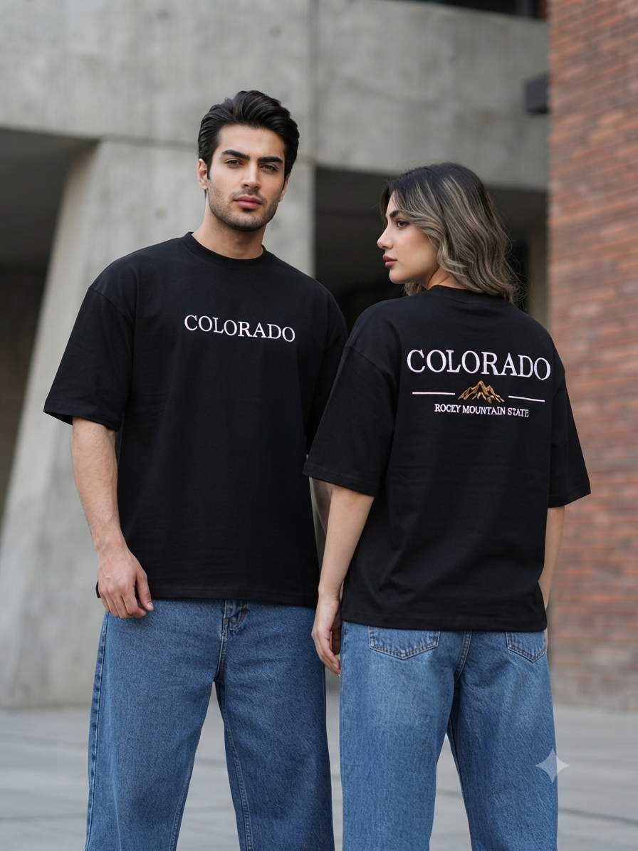 تیشرت دو نخ طرحدار پشت و جلو  گلدوزی مشکی COLORADO قواره باکسی